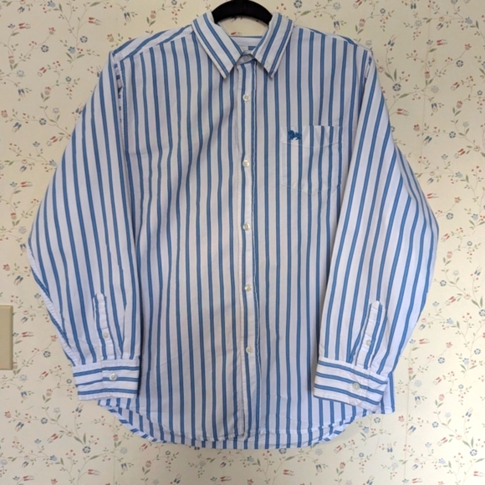 💙 Old Navy XXL Husky Blue and White Striped Boys Shirt Cotton Button Up